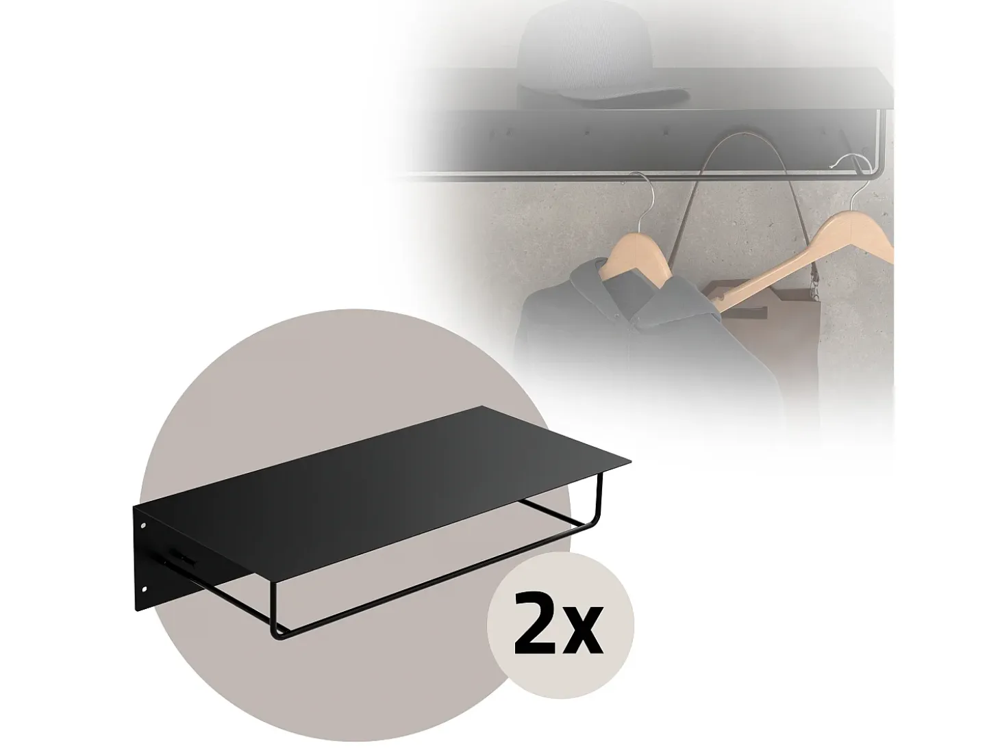 Set 2x Perchero de pared con barra de colgar y estante negro metal 60x30x15 cm