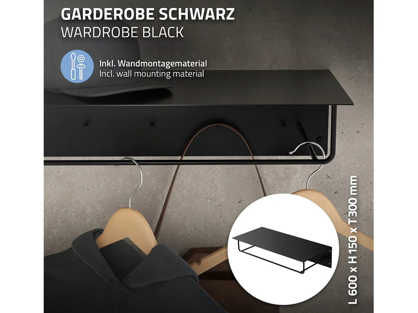 Set 2x Perchero de pared con barra de colgar y estante negro metal 60x30x15 cm