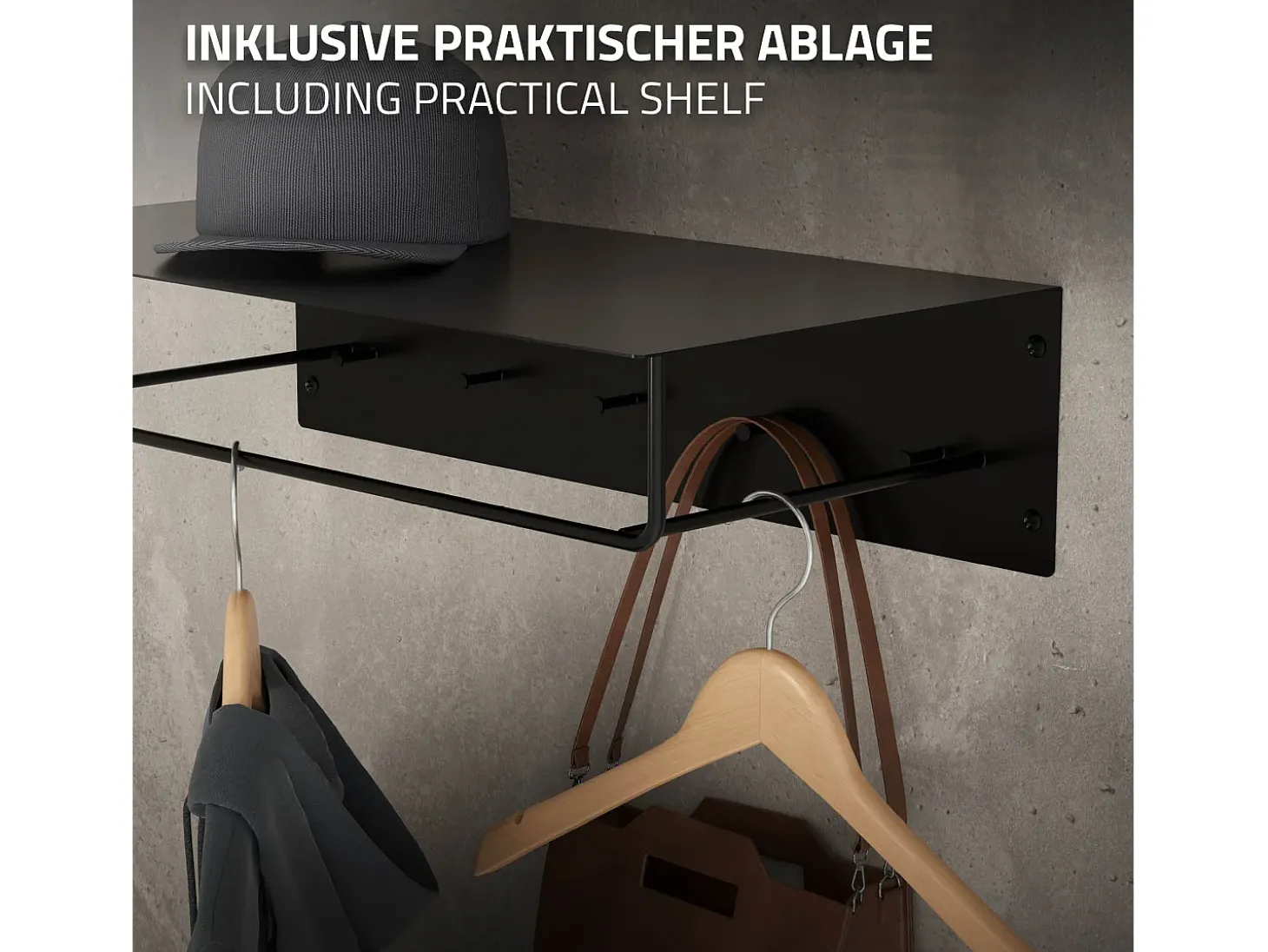 Set 2x Perchero de pared con barra de colgar y estante negro metal 60x30x15 cm