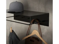Set 3x Perchero de pared con barra de colgar y estante negro metal 60x30x15 cm