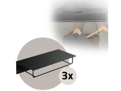 Set 3x Perchero de pared con barra de colgar y estante negro metal 60x30x15 cm