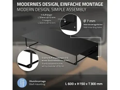 Set 3x Perchero de pared con barra de colgar y estante negro metal 60x30x15 cm