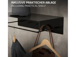 Set 3x Perchero de pared con barra de colgar y estante negro metal 60x30x15 cm