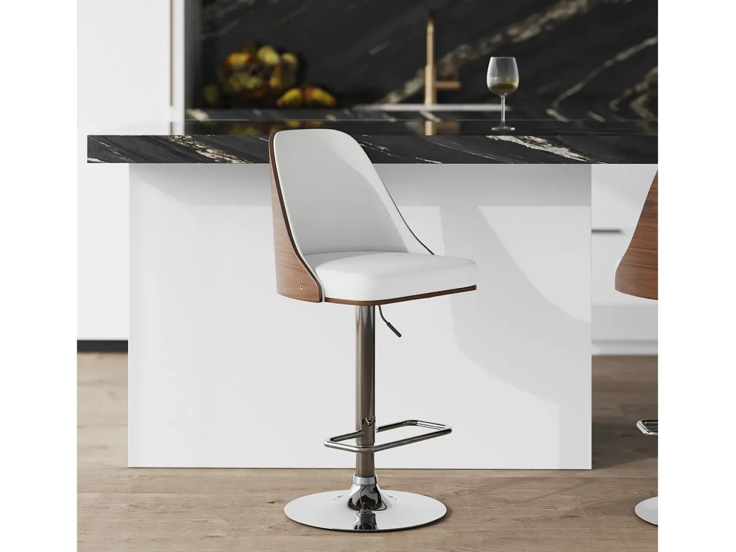 Silla de bar regulable en madera oscura y PU blanco 56/77 cm - Georges
