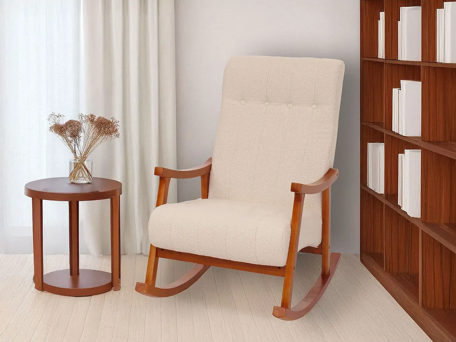 Silla mecedora MCW-K10, crema, estructura con acabado imitación nogal