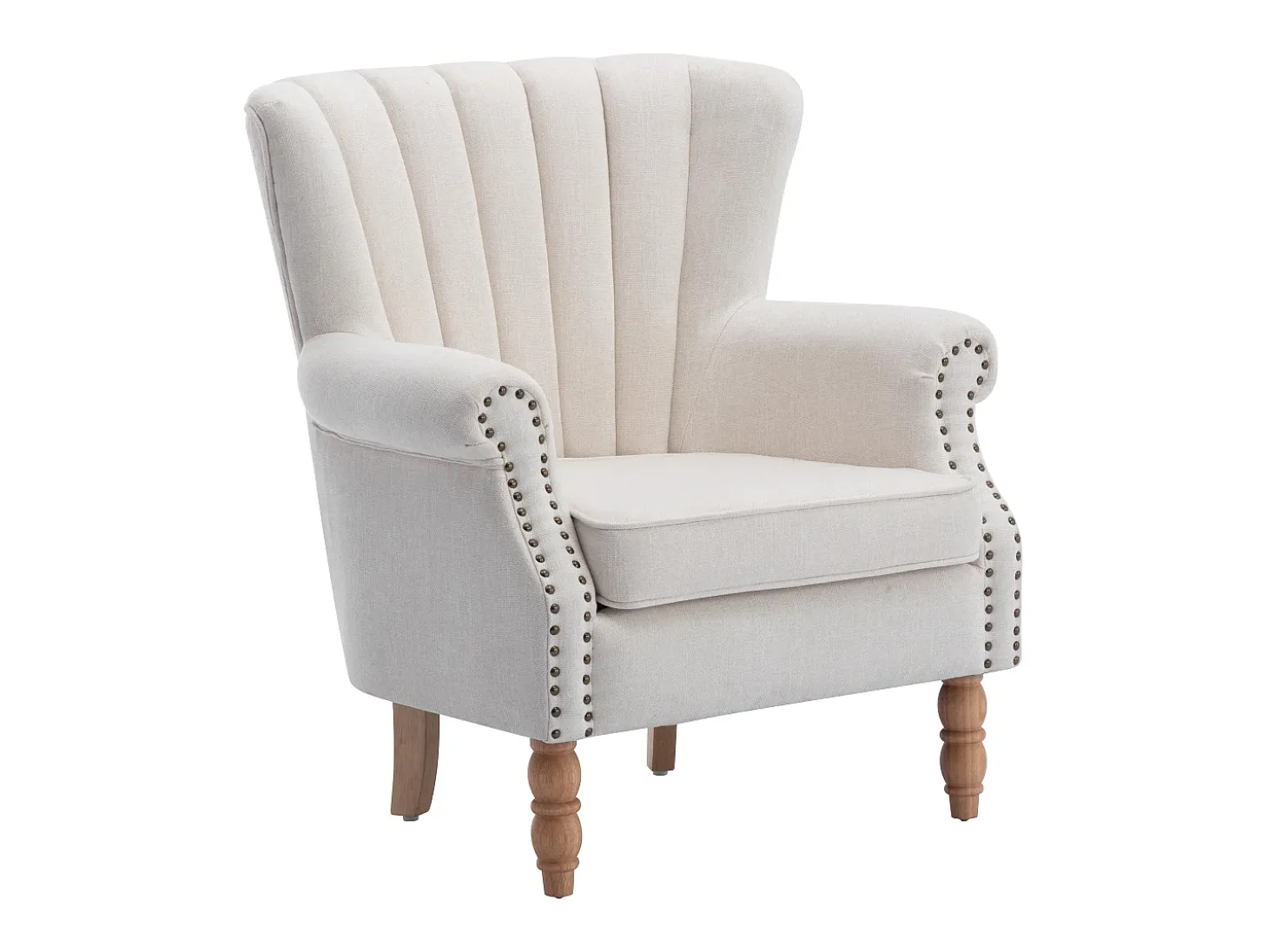 Sillón BATOUMI de tela color crema con ribete tachonado y patas de madera