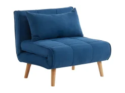 Sillón cama tela azul y patas madera CHILA