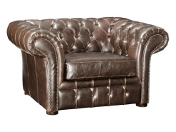 Sillón chesterfield de piel envejecida marrón CLOTAIRE