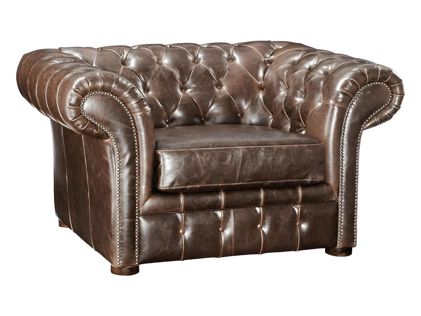 Sillón chesterfield de piel envejecida marrón CLOTAIRE