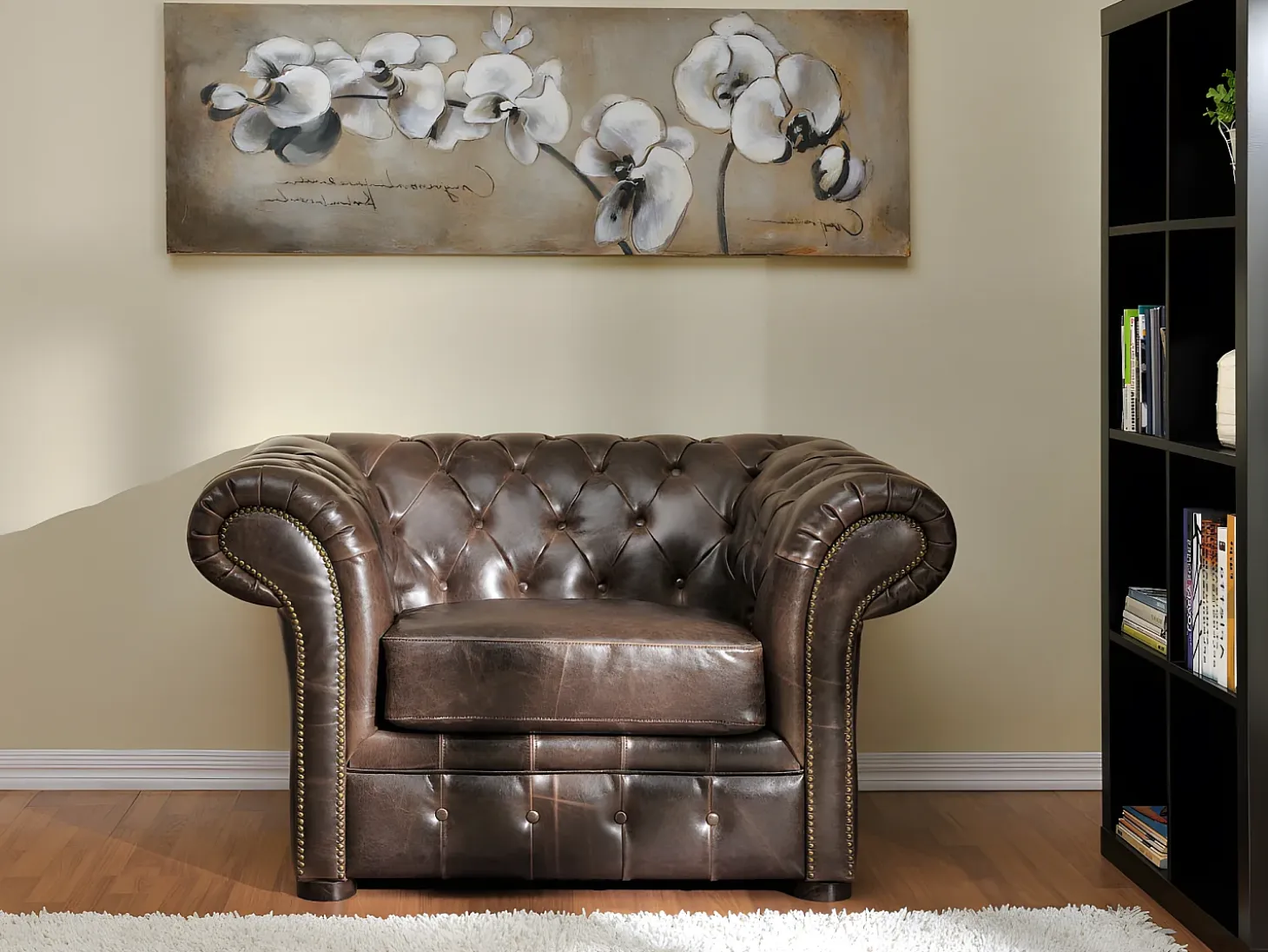 Sillón chesterfield de piel envejecida marrón CLOTAIRE