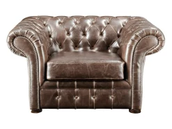 Sillón chesterfield de piel envejecida marrón CLOTAIRE