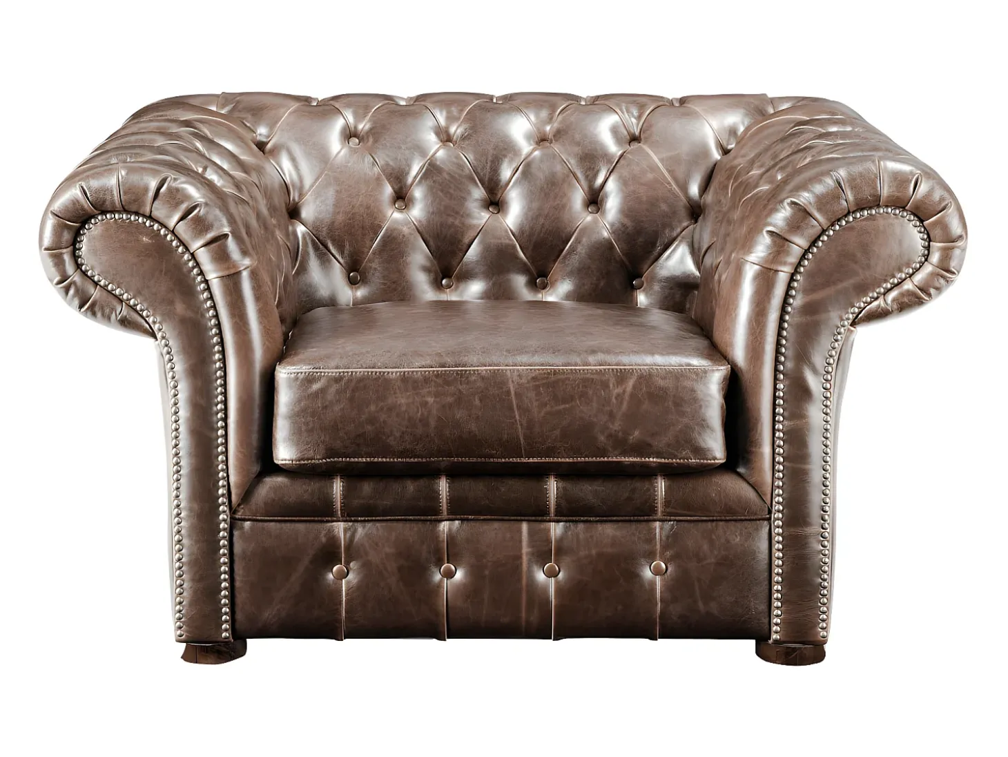 Sillón chesterfield de piel envejecida marrón CLOTAIRE