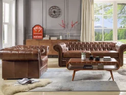 Sillón chesterfield de piel envejecida marrón CLOTAIRE