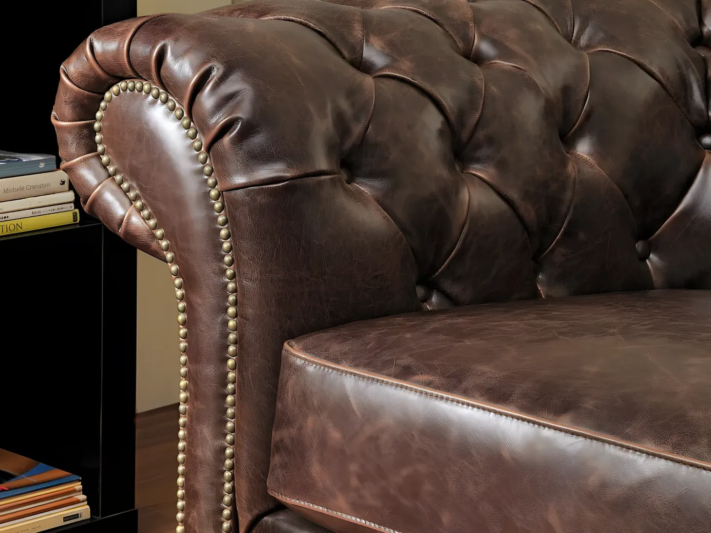 Sillón chesterfield de piel envejecida marrón CLOTAIRE