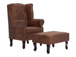 Sillón Chesterfield y reposapiés piel de ante artificial marrón