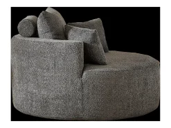 Sillón con soporte lumbar y reposacabezas, tapizado en tela de chenilla gris.