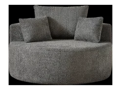 Sillón con soporte lumbar y reposacabezas, tapizado en tela de chenilla gris.