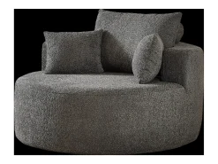 Sillón con soporte lumbar y reposacabezas, tapizado en tela de chenilla gris.