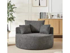 Sillón con soporte lumbar y reposacabezas, tapizado en tela de chenilla gris.