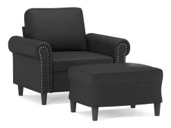 Sillón con taburete cuero sintético negro 60 cm