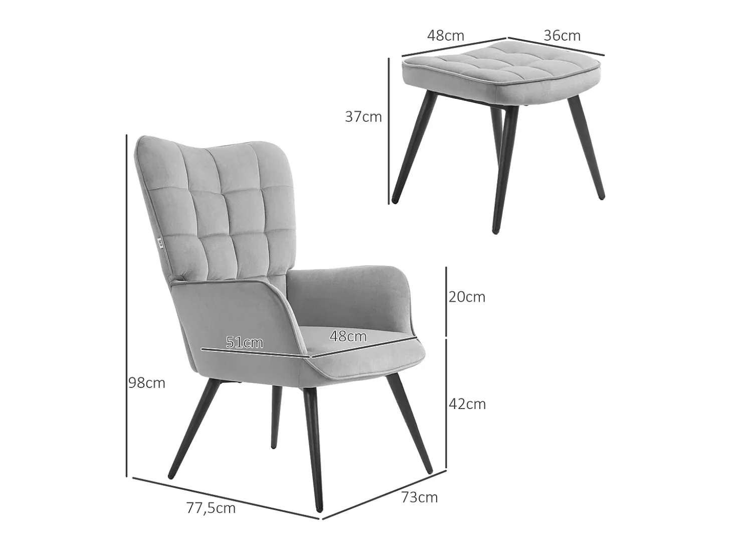Sillón con taburete en terciopelo gris claro, patas de metal negro.