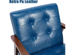 Sillón de cuero artificial tapizado estilo vintage - Sillón de madera natural para oficina o dormitorio, azul