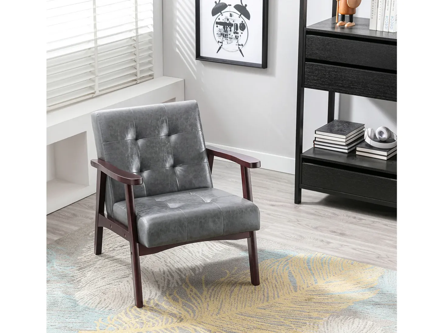 Sillón de cuero artificial tapizado estilo vintage - Sillón de madera natural para oficina o dormitorio, azul