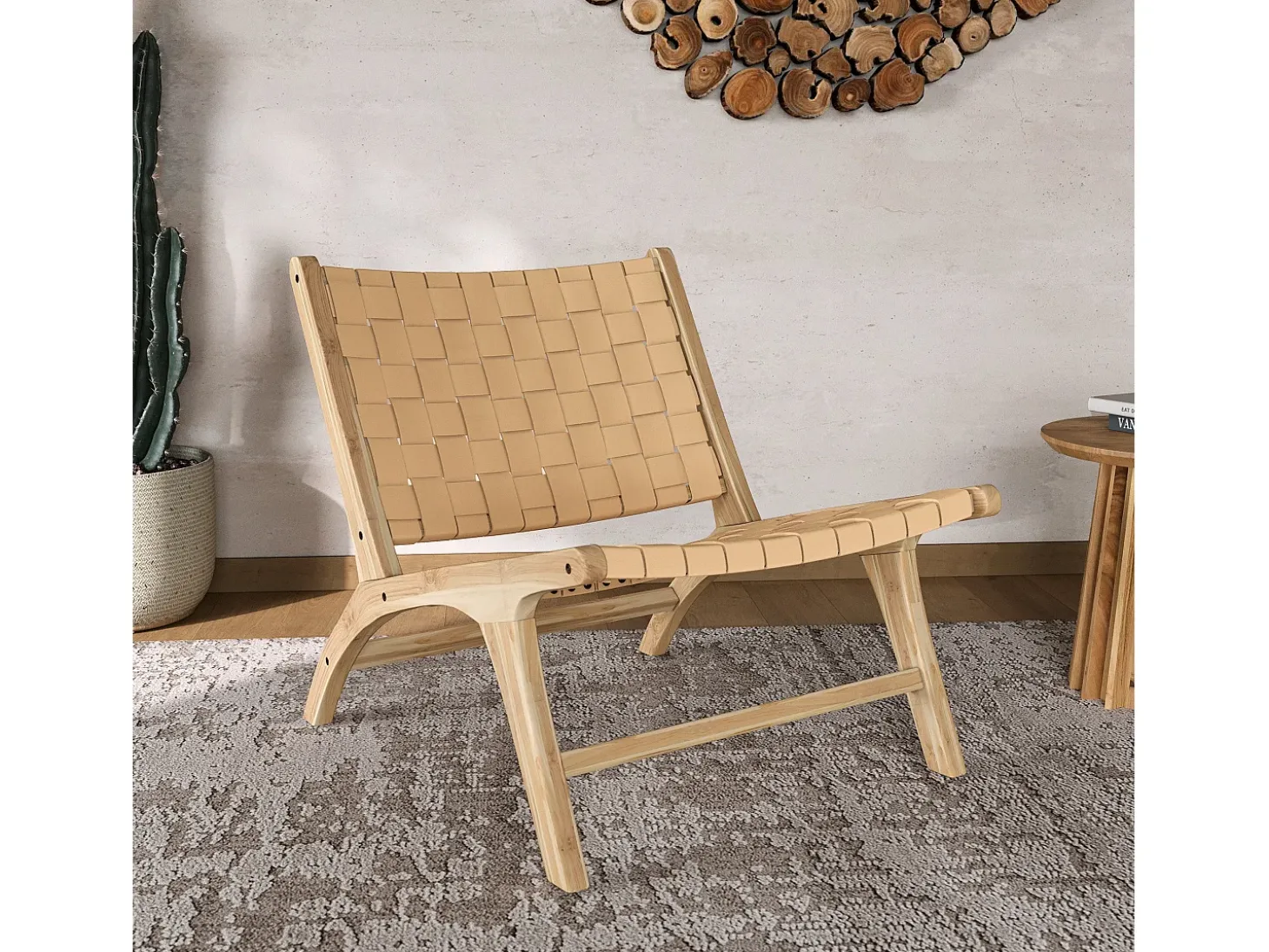 Sillón de teca y cuero trenzado beige - Kuna