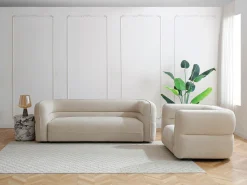 Sillón de tela chenilla beige producto ecorresponsable TALIENA