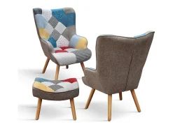 Sillón de tela patchwork multicolor, patas de madera, con reposapiés - HABANA