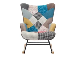 Sillón Elmina en tejido jaspeado patchwork multicolor con patas mecedoras
