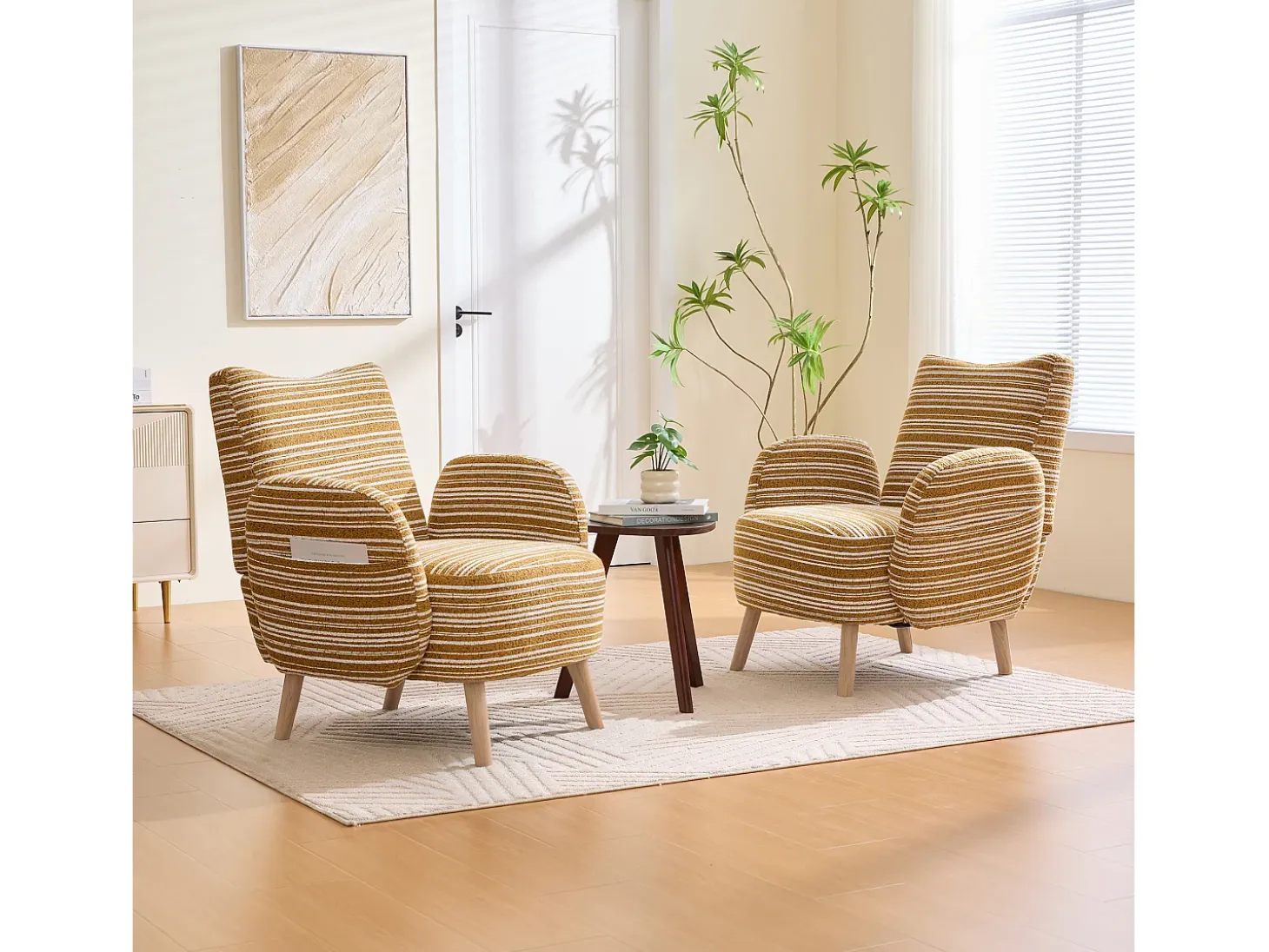 Sillón en tejido bouclé amarillo mostaza - Patas de madera