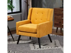 Sillón en tejido de lino amarillo con patas de madera.