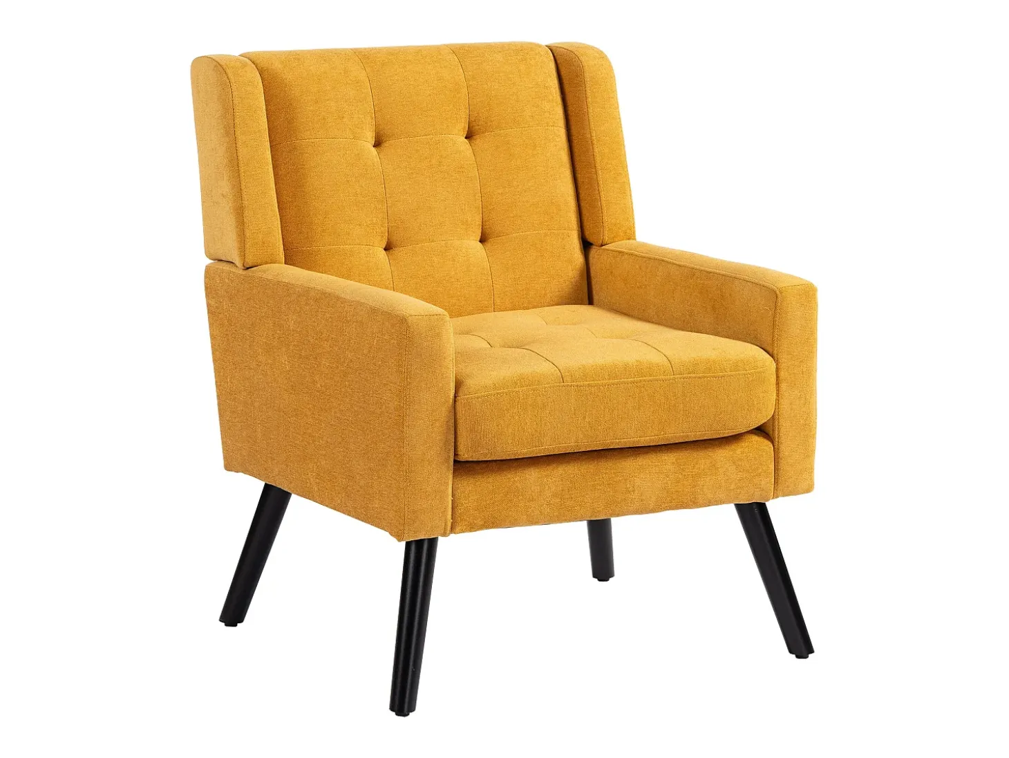 Sillón en tejido de lino amarillo con patas de madera.