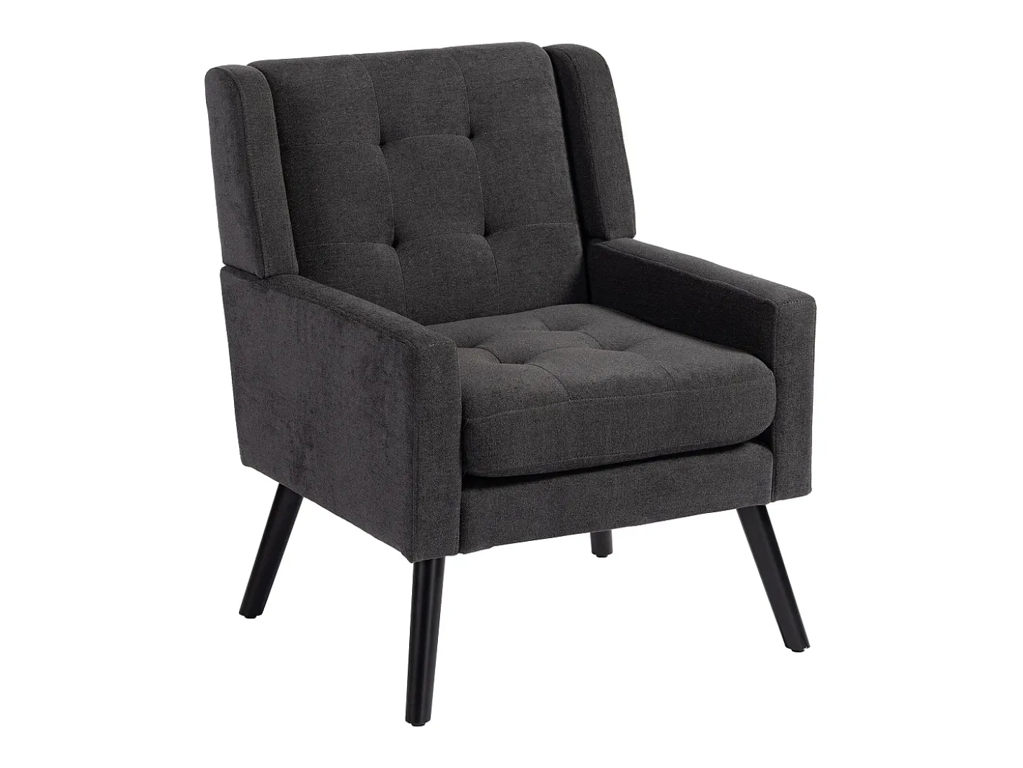 Sillón en tejido de lino gris oscuro con patas de madera.