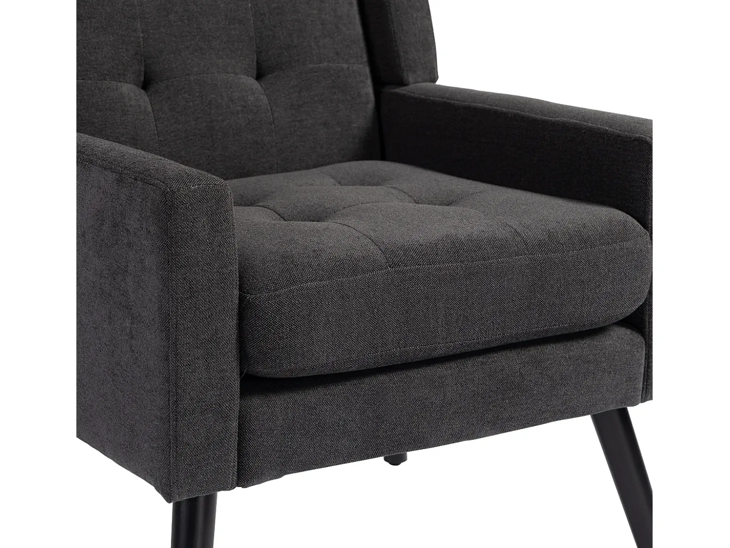 Sillón en tejido de lino gris oscuro con patas de madera.