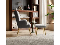 Sillón escandinavo con respaldo alto y reposapiés en tejido bouclette, gris