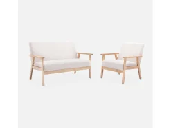 Sillón escandinavo de borreguito y madera de hevea crema