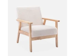 Sillón escandinavo de borreguito y madera de hevea crema