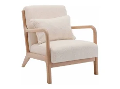 Sillón escandinavo de madera y tela de borreguito texturizado beige