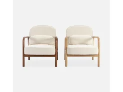 Sillón escandinavo de madera de hevea en tejido borreguito crema