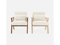 Sillón escandinavo de madera de hevea y borreguito crema