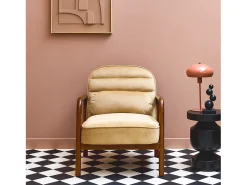 Sillón escandinavo de madera de hevea teñida de nogal y tela de