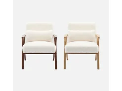 Sillón escandinavo de madera de hevea y efecto pelo sintético blanco