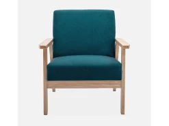 Sillón estilo escandinavo de madera y tela azul esmeralda