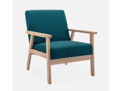 Sillón estilo escandinavo de madera y tela azul esmeralda
