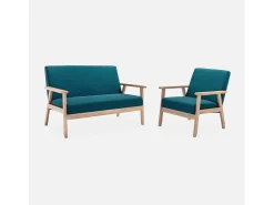Sillón estilo escandinavo de madera y tela azul esmeralda