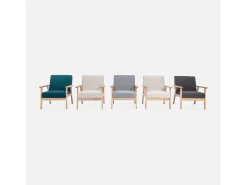 Sillón estilo escandinavo de madera y tela azul esmeralda