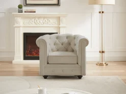 Sillón fijo de terciopelo color beige CHESTERFIELD