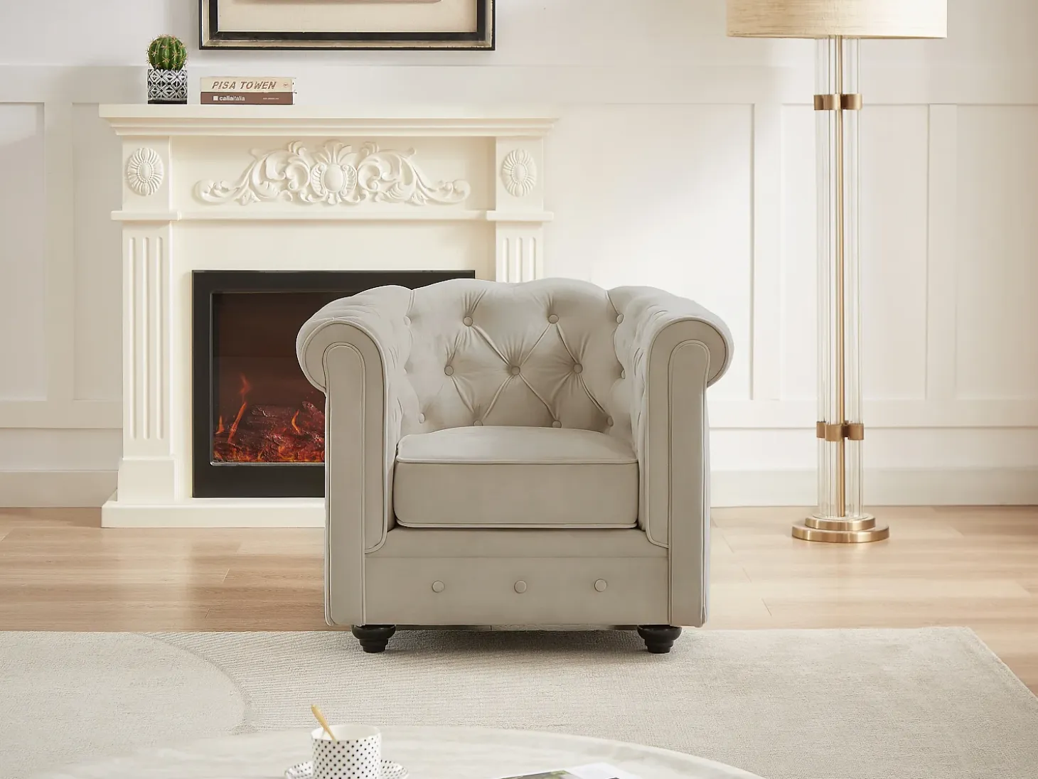 Sillón fijo de terciopelo color beige CHESTERFIELD